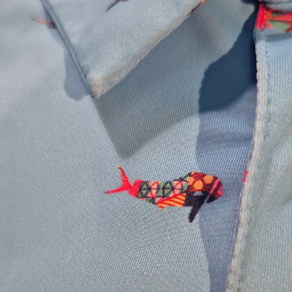 SCALES 3X Golf Polo Short Sleeve Shirt Blue and Pink Tropical Fish Pattern - Picture 16 of 16